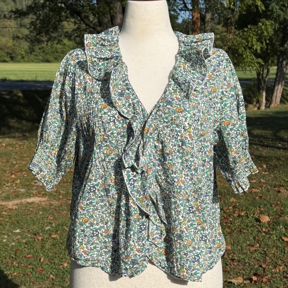 Natural Life Womens Floral Ruffle V-Neck Pintuck Cotton Blouse Large Multi Color